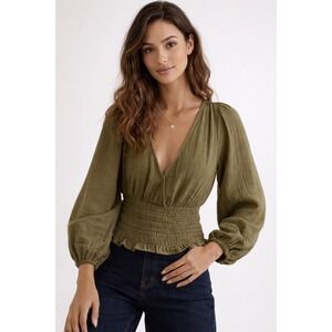 Madewell Lightspun Julianne Smocked Waist Top Olive Green Cotton Gauze Medium